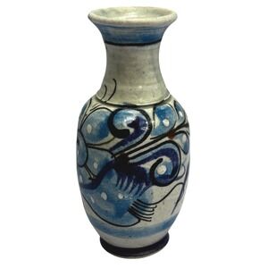 Vintage Mexican Pottery Bud Vase Blue White Hand Painted Bird Signed MEX JL 3.5"